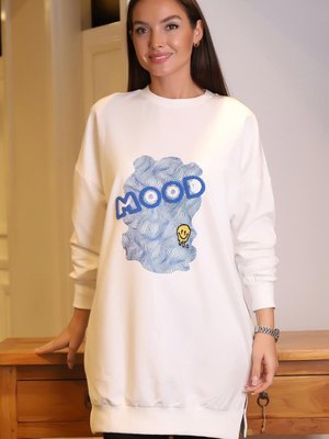 Ekru Bisiklet Yaka Baskılı Tunik