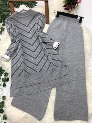 Simli Triko Tunik Pantolon Takım Gri