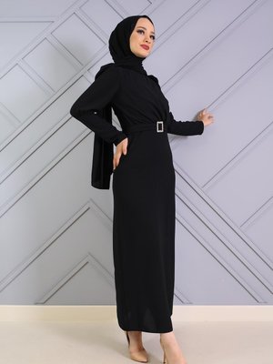 Önü Çapraz Kalem Elbise Siyah Önü Çapraz Kalem Elbise Siyah