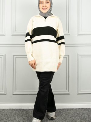 Bej Çizgili Yarım Fermuarlı Triko Tunik