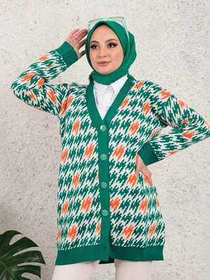 Yeşil Modest Düğmeli Desenli Triko Hırka