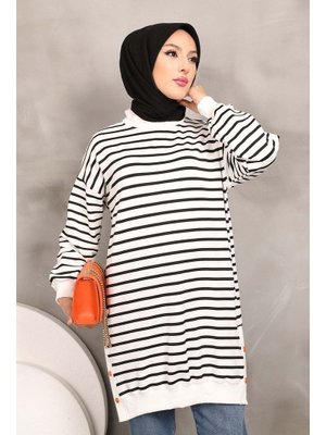 Siyah Yan Yırtmaçlı Çizgili Tunik