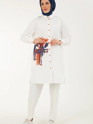 Renkli Düğmeli Fırça Desenli Gömlek Ekru Pudra