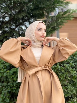 Belden Bağlamalı Hardal Balon Kol Trenç