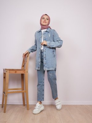 Taşlı Eskitme Detaylı Mavi Kot Ceket Taşlı Eskitme Detaylı Mavi Kot Ceket