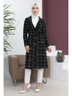 Siyah Kemer Detaylı Düğmeli Kaşe Kaban