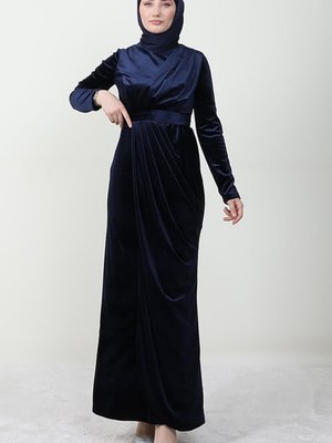 Drape Kadife Tesettür Elbise Lacivert