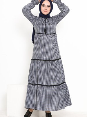 Püskül Detaylı Kareli Elbise Lacivert Püskül Detaylı Kareli Elbise Lacivert