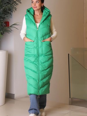 Yeşil Kapüşonlu Uzun Şişme Yelek