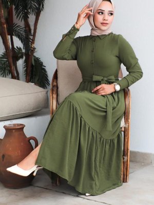 Yaka Aerobin Gömlek Elbise Haki