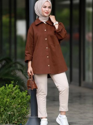 Biyaz Cepli Gabardin Gömlek Kahve