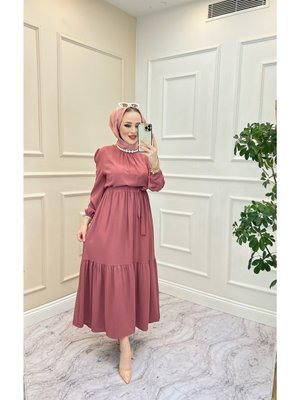 Yakası Büzgü Detaylı Ayrobin Elbise