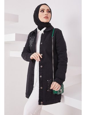 Siyah In Style İnci Detaylı Kot Ceket Siyah In Style İnci Detaylı Kot Ceket