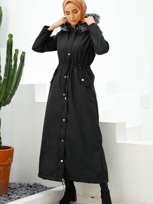 Kürklü Içi Polar Uzun Kaban Siyah