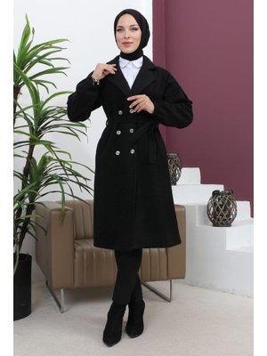 Siyah Düğme Detaylı Kaşe Kaban