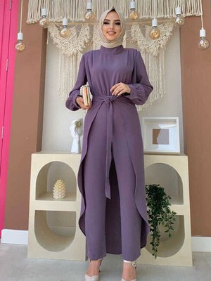 Parça Detaylı Omuzları Kat Detay Bel Kuşaklı Tulum Lila