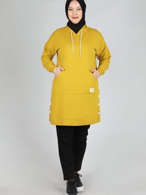 Hardal Büyük Beden Kanguru Cepli Çıtçıt Detaylı Tunik