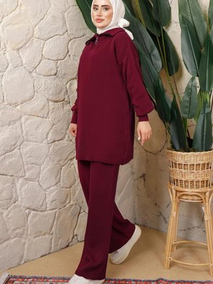 Bordo Fermuar Yaka Pantolonlu Triko Takım T