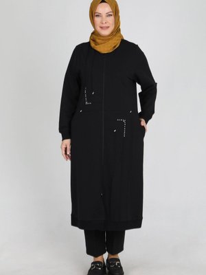 Siyah Büyük Beden Nervürlü Taş İşlemeli İki İplik Kap