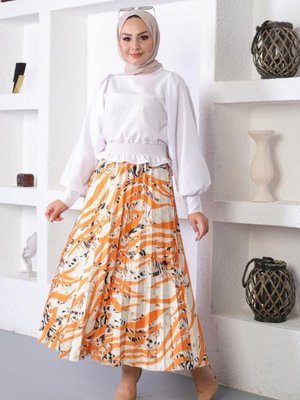 Desenli Piliseli Etek Turuncu