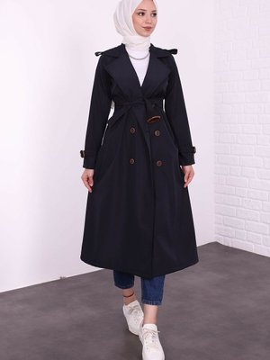 Manşet Kuşak Detaylı Trençkot Lacivert