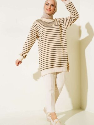 İki İplikli Tesettür Tunik Çizgili Sweatshirt