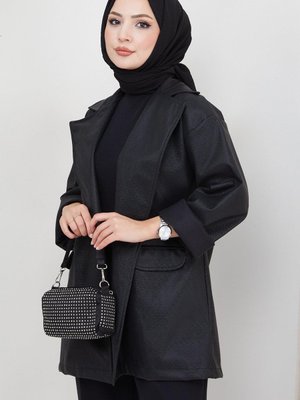 Sim Görünümlü Suni Deri Ceket Siyah Sim Görünümlü Suni Deri Ceket Siyah