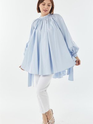 Şerit Güpürlü Büzgülü Mavi Bluz