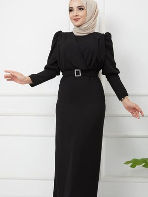 Önü Çapraz Detay Balon Kol Kalem Elbise Siyah