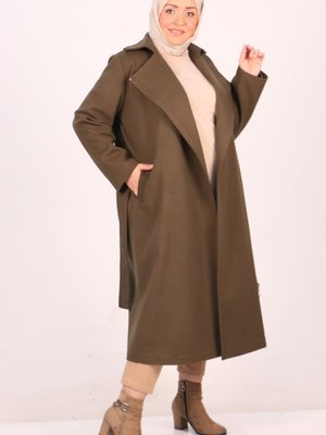 Haki Büyük Beden Yandan Femuarlı Kaşe Kaban