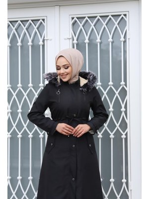 Çift Fermuar Detaylı Siyah Mont