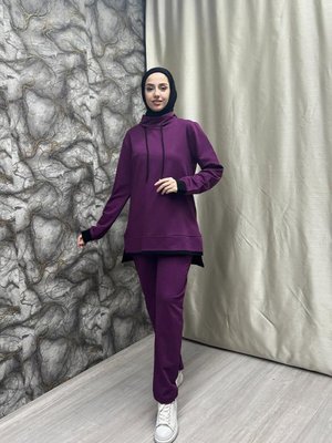 Garnili Kapüşonlu Eşofman Takımı Mor Garnili Kapüşonlu Eşofman Takımı Mor