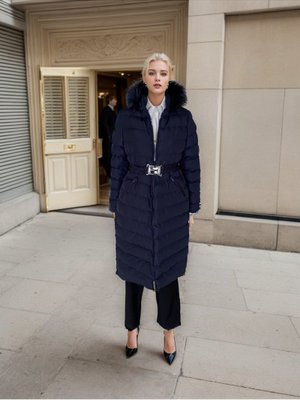 Lacivert Kürk Kapüşonlu Kemerli Şişme Mont