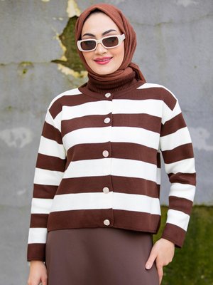 Ceket Görünümlü Çift Dokuma Hırka Kahve