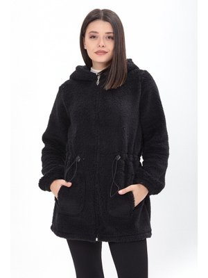 Sıyah Beli Lastikli Kapüşonlu Peluş Mont