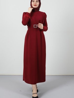 Tüy Detay Elbise Bordo