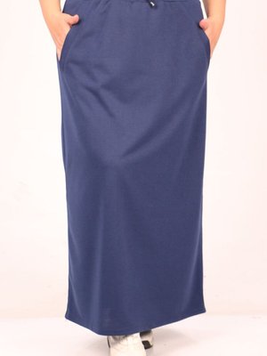 Lacivert Büyük Beden İki İplik Cep Detaylı Uzun Etek