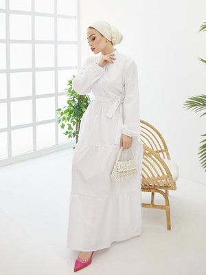 Hakim Yaka Düğmeli Elbise Beyaz