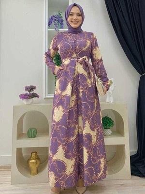 Güğüs Kısmı Gizli Düğmeli Bel Kuşaklı Desenli Tulum Mor