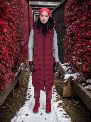 Bordo Kürk Kapüşonlu Şişme Yelek