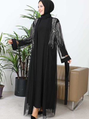 Siyah Taşlı Tül Abaya
