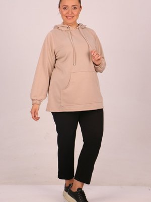 Bej Büyük Beden Kapüşonlu İki İplik Kısa Tunik
