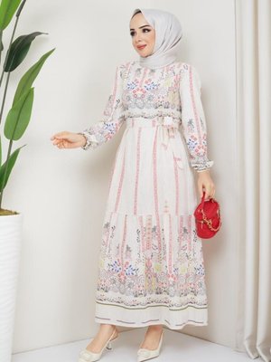 Desenli Keten Elbise Pembe