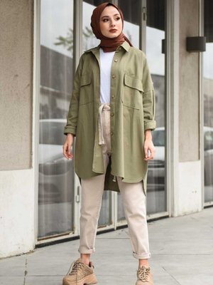 Çift Cep Kapaklı Oversize Gabardin Gömlek Çift Cep Kapaklı Oversize Gabardin Gömlek