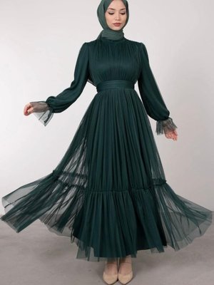 Boydan Tül Kat Fırfırlı Abiye Elbise