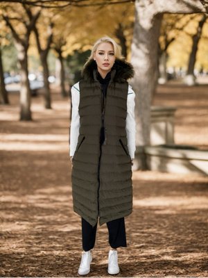 Haki Kürk Kapüşonlu Kemerli Şişme Yelek