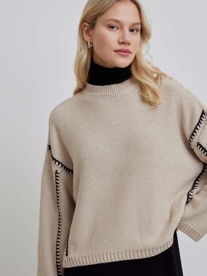 Bej Nakışlı Pamuklu Kazak Bej Nakışlı Pamuklu Kazak