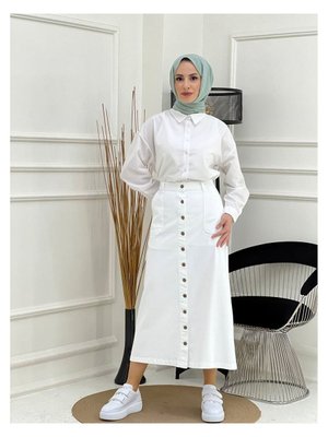 Boydan Düğmeli Gabardin Etek Beyaz