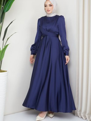 Lacivert Ön Bağlamalı Saten Abiye Elbise