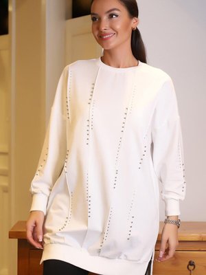 Ekru Taşlı Uzun Kollu Tunik